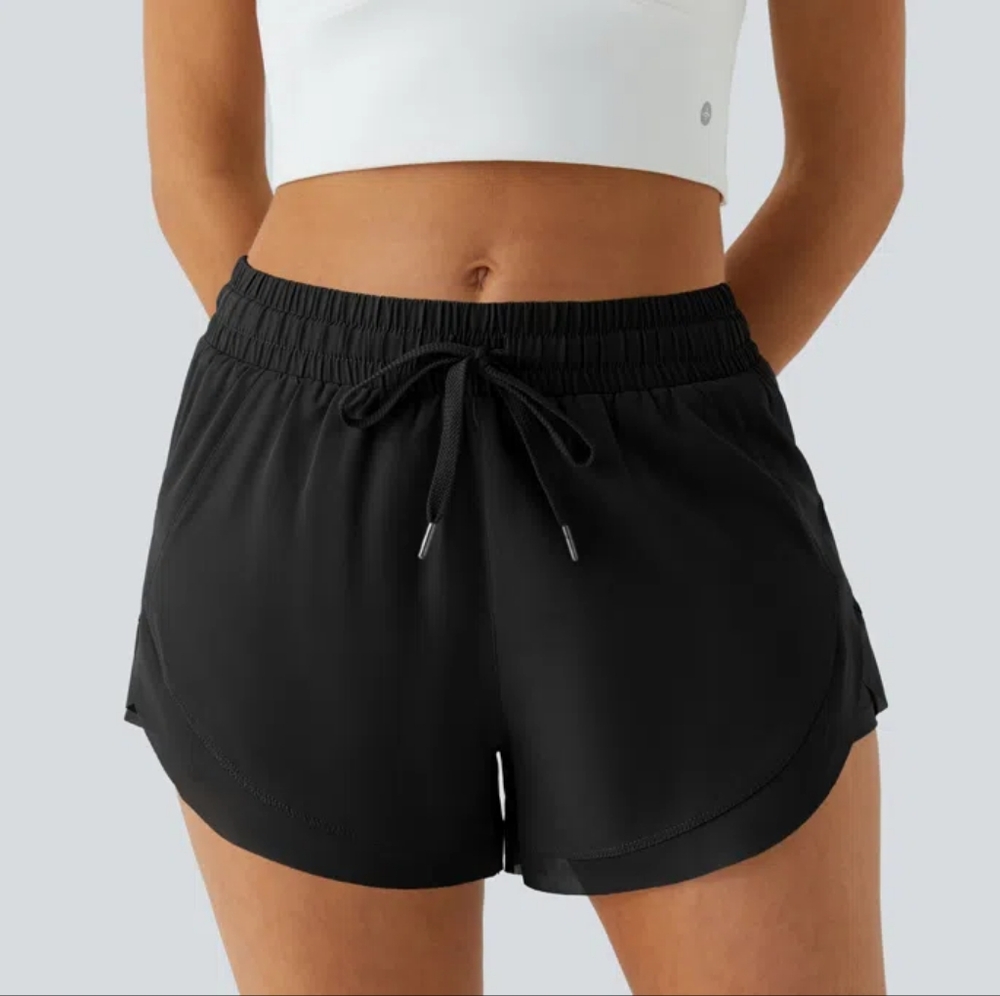 NWT HALARA MidRise Drawstring Contrast Mesh 2in1 Flowy Running Shorts 3"- Black